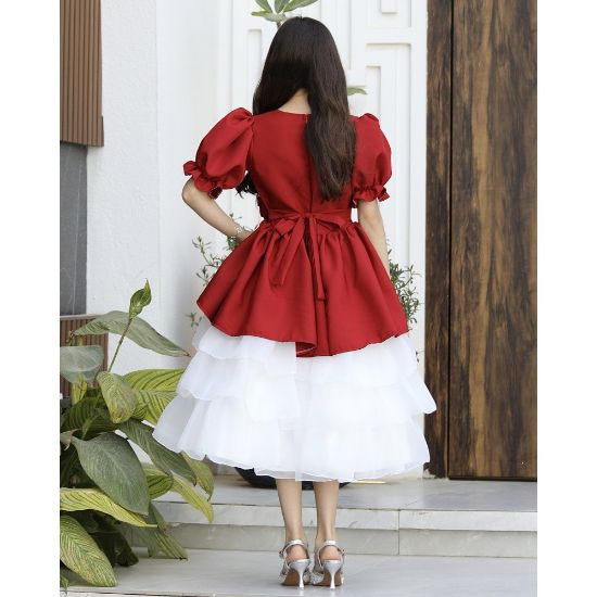 صورة فستان بناتي أحمر بوردة خصر وطبقات تل منفوشة | ألوان (أحمر، عودي، ليموني) - 1171